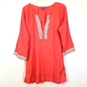 Athleta Orange Coral 3/4 Sleeve Beaded V-Neck Tunic Top size Small